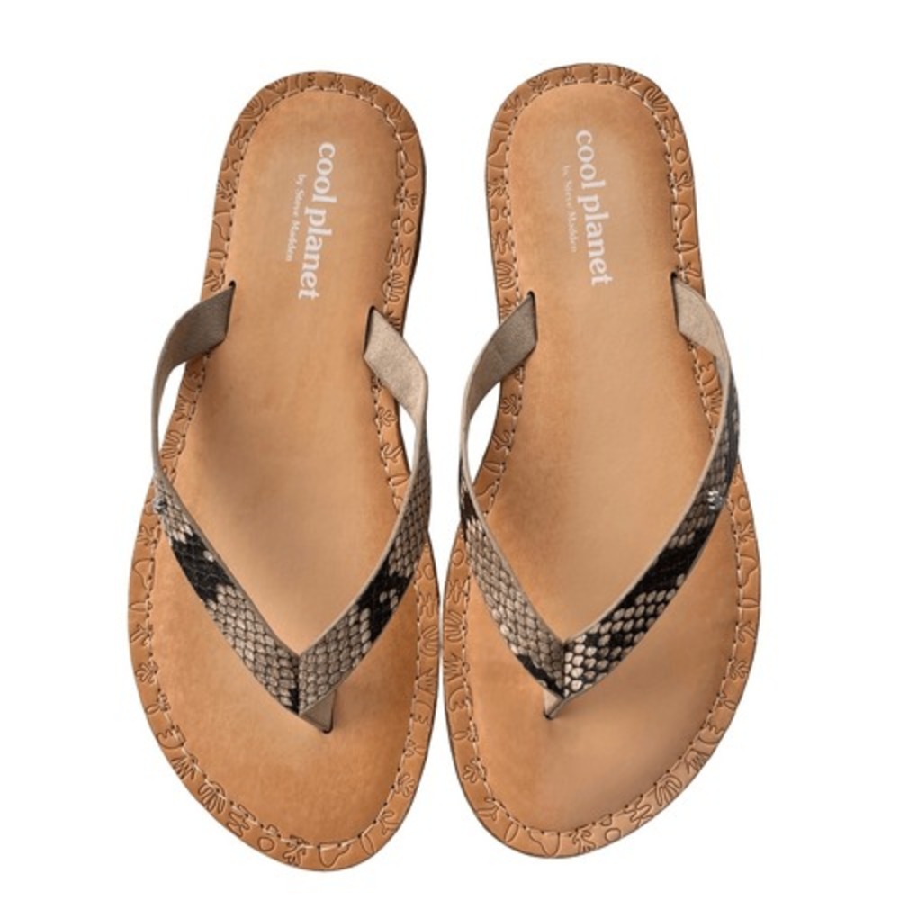 Cool‎ Planet by Steve Madden Snakeskin Print Flip Flop Sandals Tan Brown 5.5